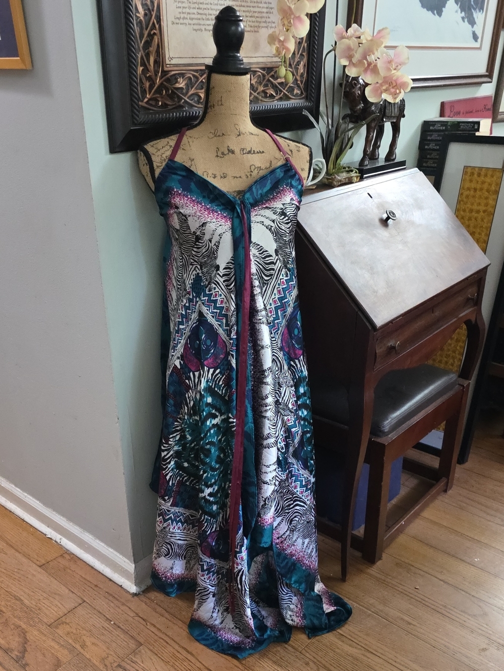 Magic Teal & Purple Printed Halter Maxi Dress